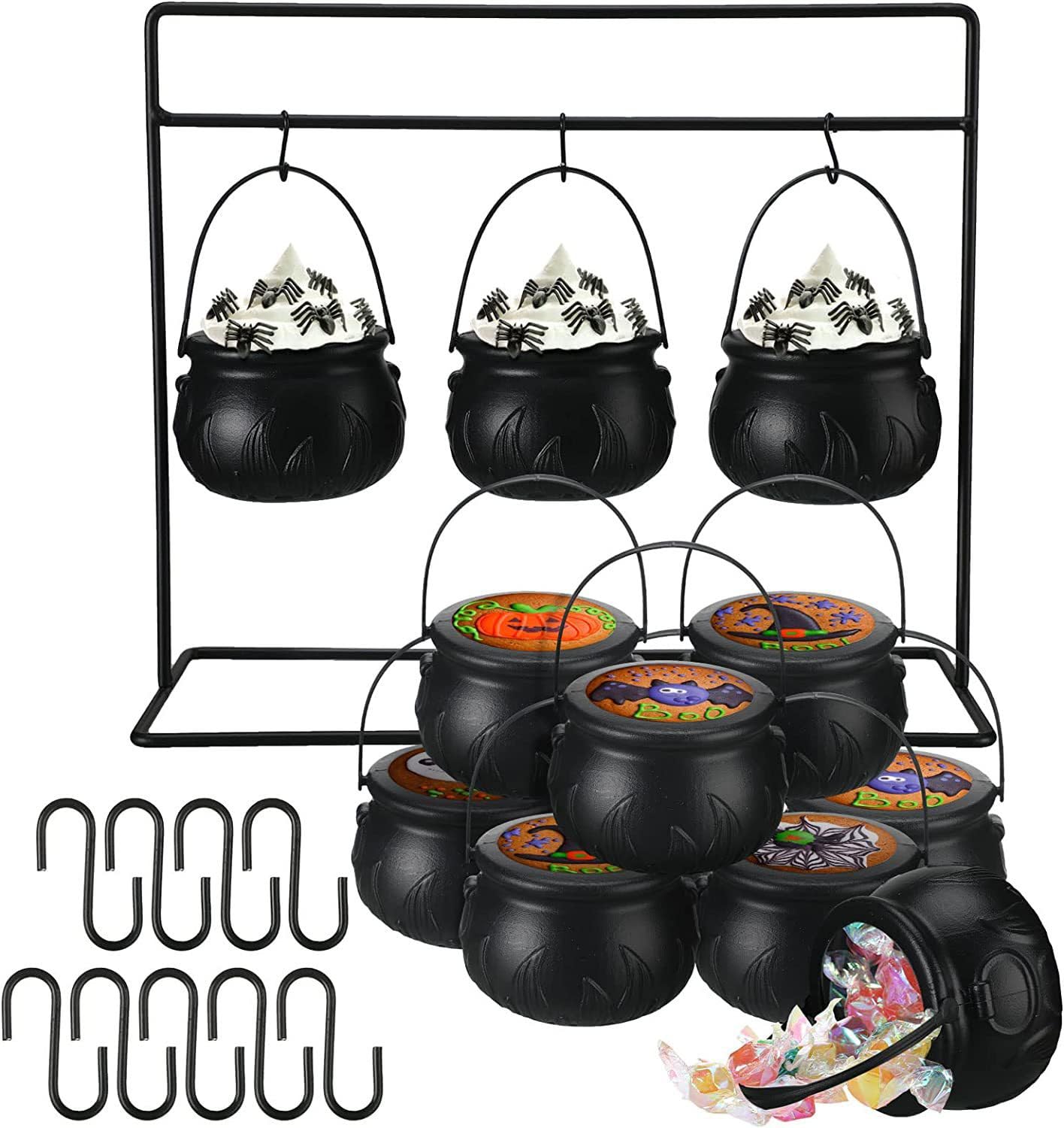 Halloween Witches Cauldron Serving Bowls on Rack, 9pcs Black Plastic Halloween Holder Candy Bucket Cauldron for Indoor Outdoor Home Kitchen Candy Holder Decor