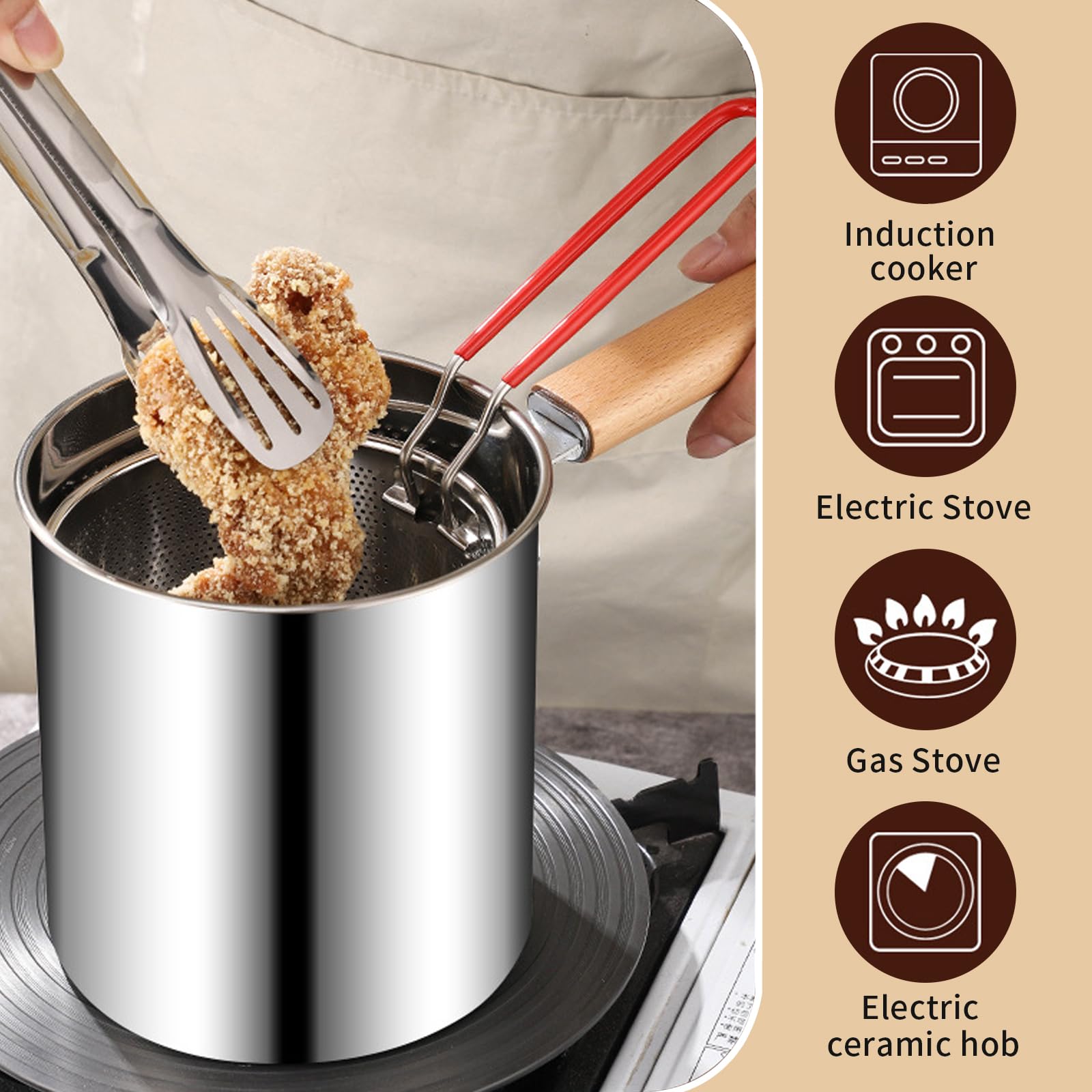 Pentolino Friggitrice In Acciaio Inossidabile Da 3 Litri - Con Cestello E Coperchio, Per Casa E Cucina - Foto 6