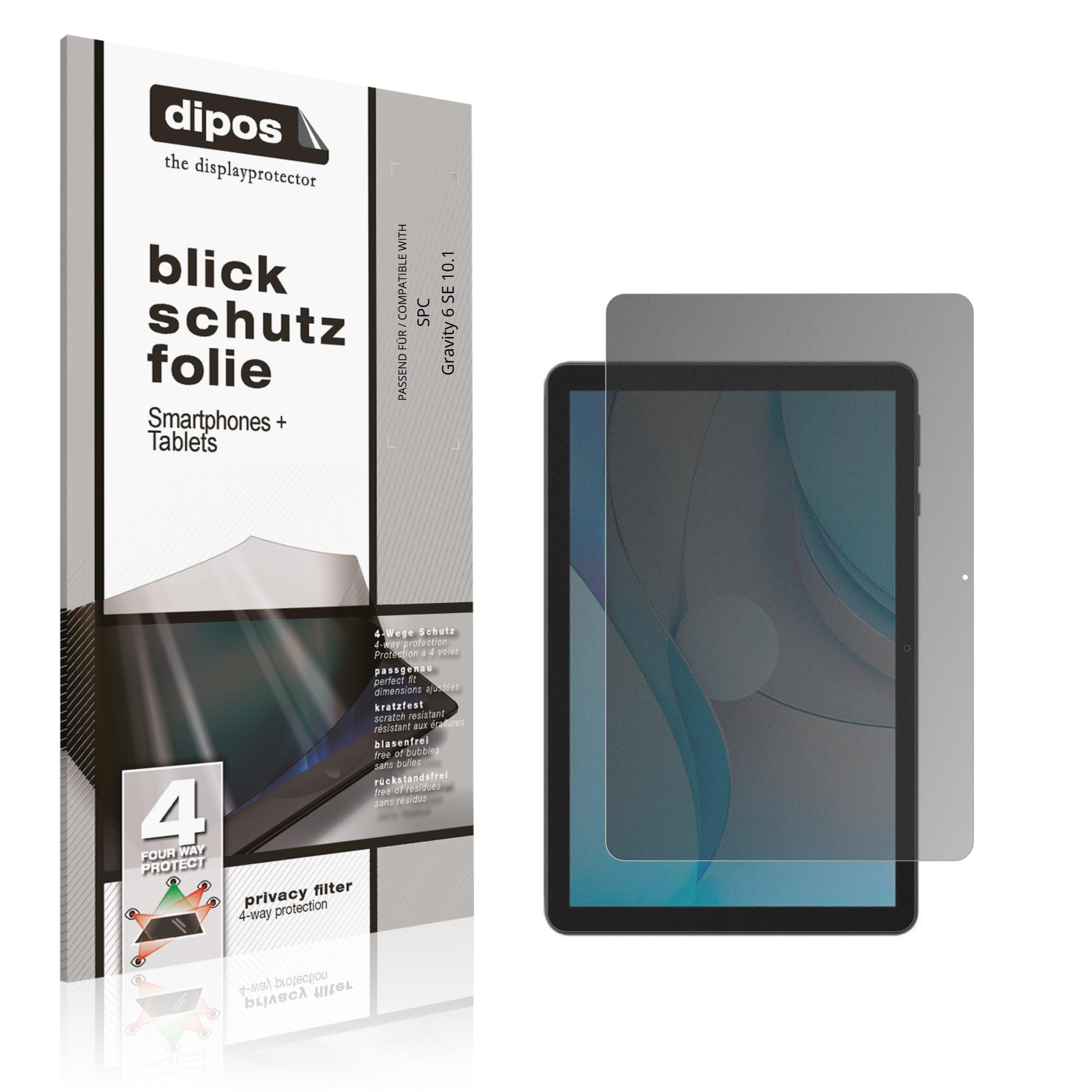 dipos Protector de Pantalla Antiespía para SPC Gravity 6 SE 10.1 | Película protectora mate, filtro de privacidad 4 vías, ajuste perfecto, antiarañazos, sin burbujas, autoadhesivo