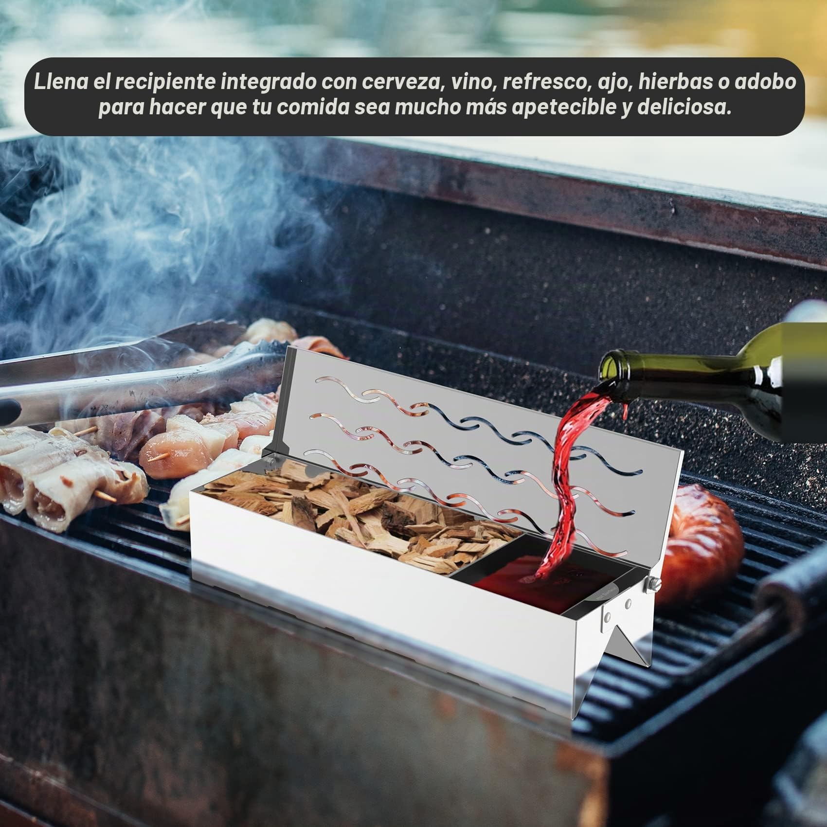 Onlyfire Caja de Ahumar Acero Inoxidable Patrón de Onda Ahumador con Depósito de Agua pare Barbacoa de Gas,Carbón Y Leña,Smoker Box