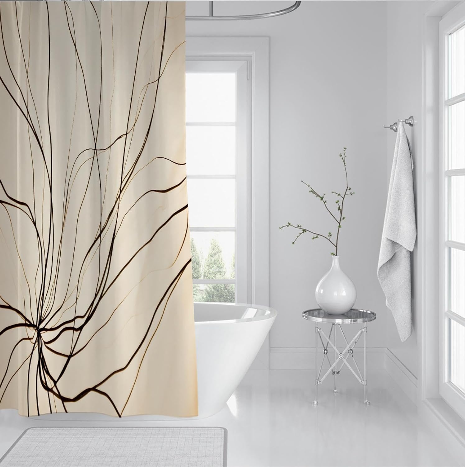 Beige Shower Curtain Liner with Hooks Abstract Black Lines Shower Curtains Water Repellent Machine Washable for Boho Bathroom Decor 60x72