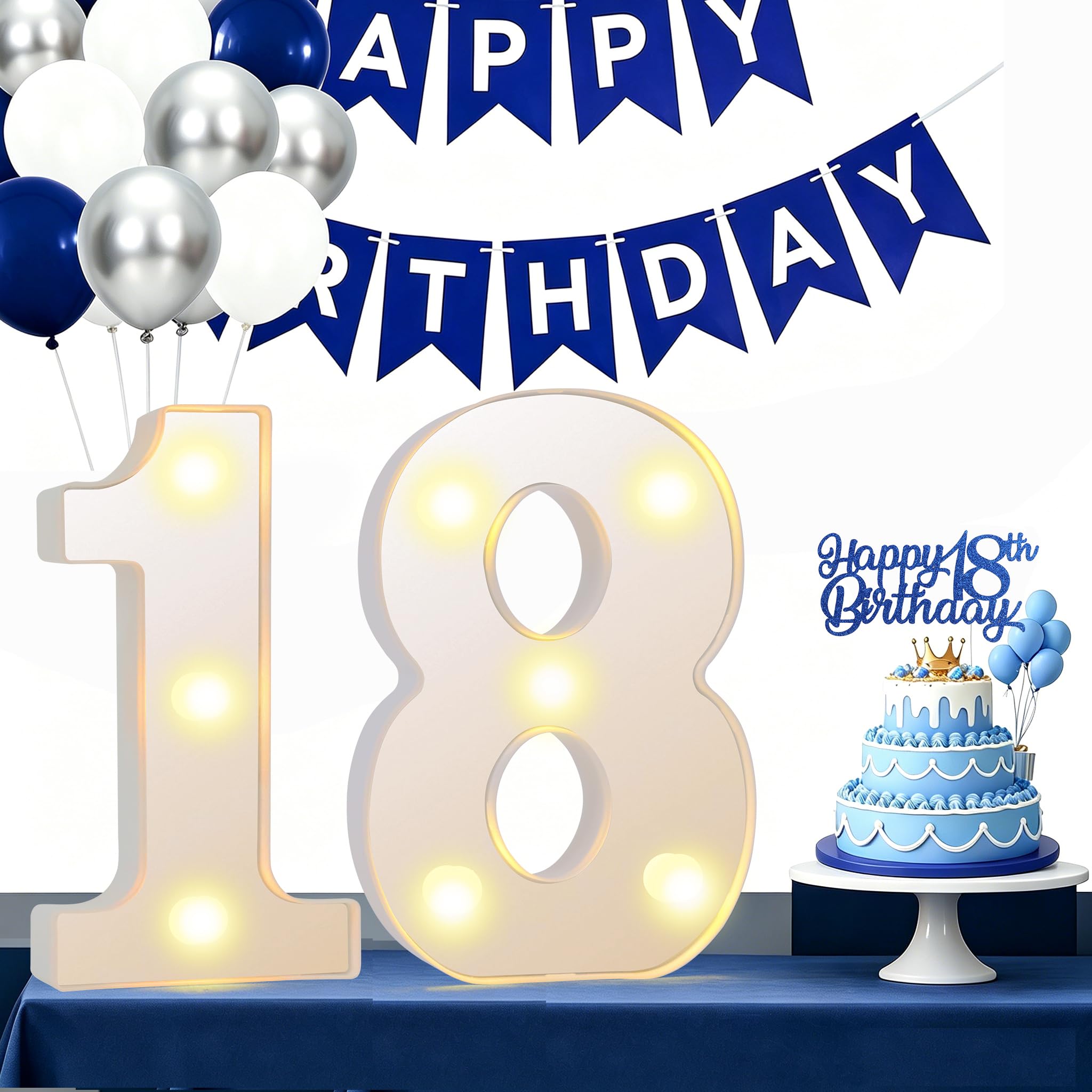 18 Light up Numbers, 18th Birthday Decorations, Light up 18 Numbers, LED Number Sign with Blue and White Balloon Set, for Wedding Anniversary Grad Home Bedroom (18th)