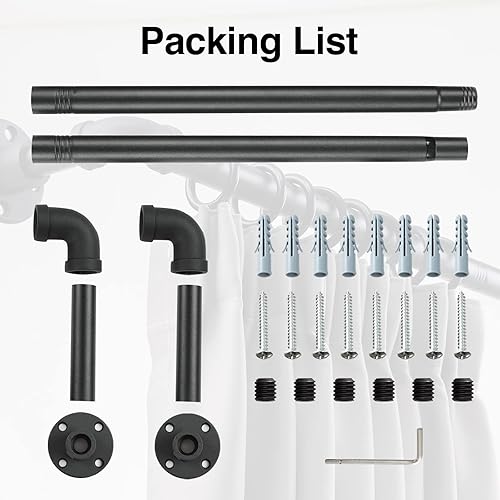 Miniatura 6 de Barra de cortina rústica – Barra divisora ajustable para ventanas de 28 a 48 pulgadas – 1 pulgada negro industrial envolvente al aire libre barras