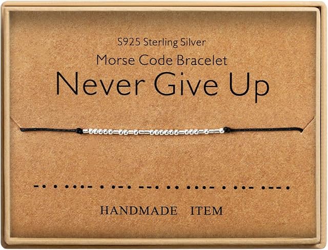 Morse code bracelet Never give up Sterling Silver Beads on Silk Cord Friendship Bracelet Gift for Her