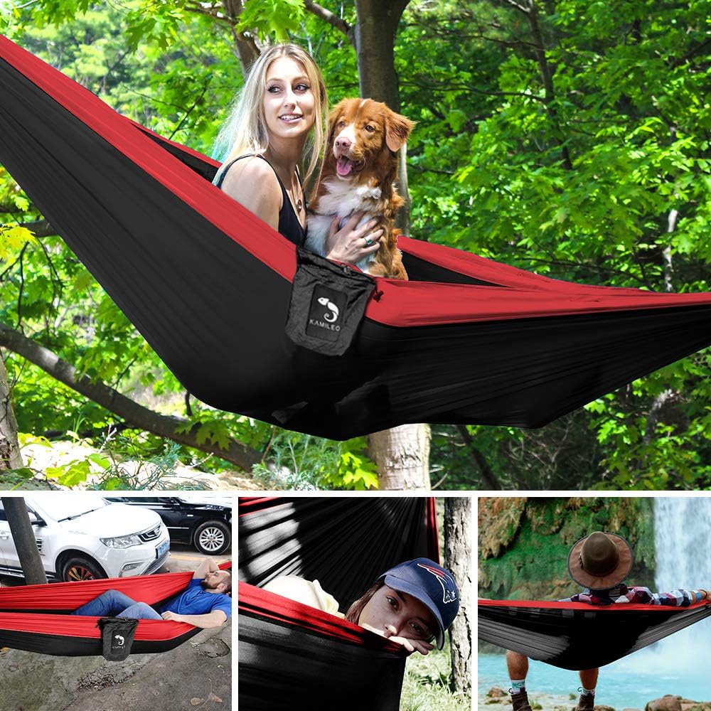 Kamileo Camping Hammock Portable Parachute Nylon Tree Hammock Durable 2 Person Hammock for Outdoor Travel Hiking Backpacking Camping Garden Beach Yard 500lbs Capacity Single Double Hammock