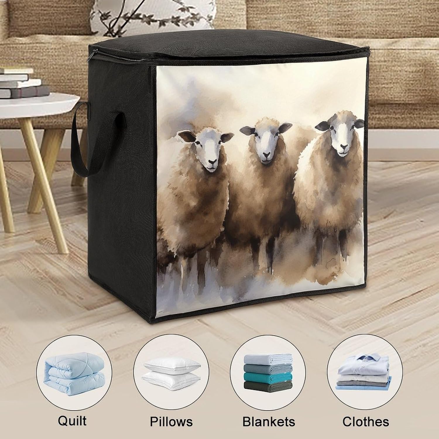Sheeps Watercolor Storage Bag with Zippers And Handle Extra Large Bedding Comforter Storage Bag Foldable Blanket Storage Bags Fabric Moving Bags for Closet Organizer (70L)