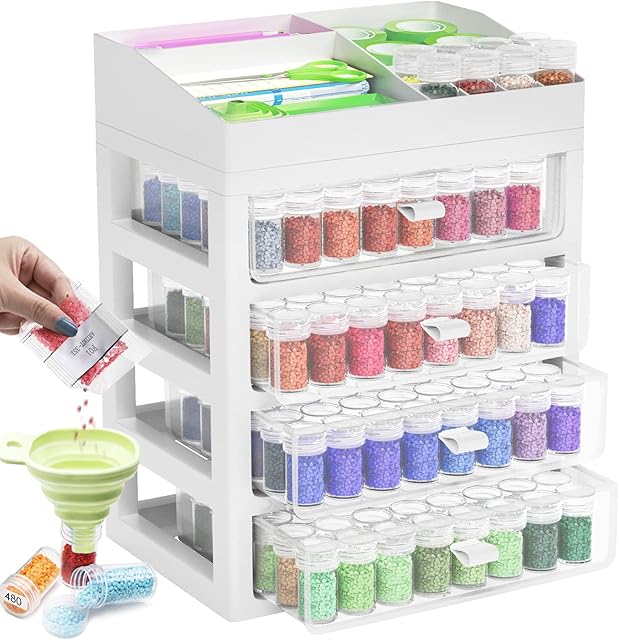 ARTDOT Storage Containers for Diamond Painting Accessories, 4 Drawers with 192 Slots Bead Storage Bottles and Diamond Art Tool Rack