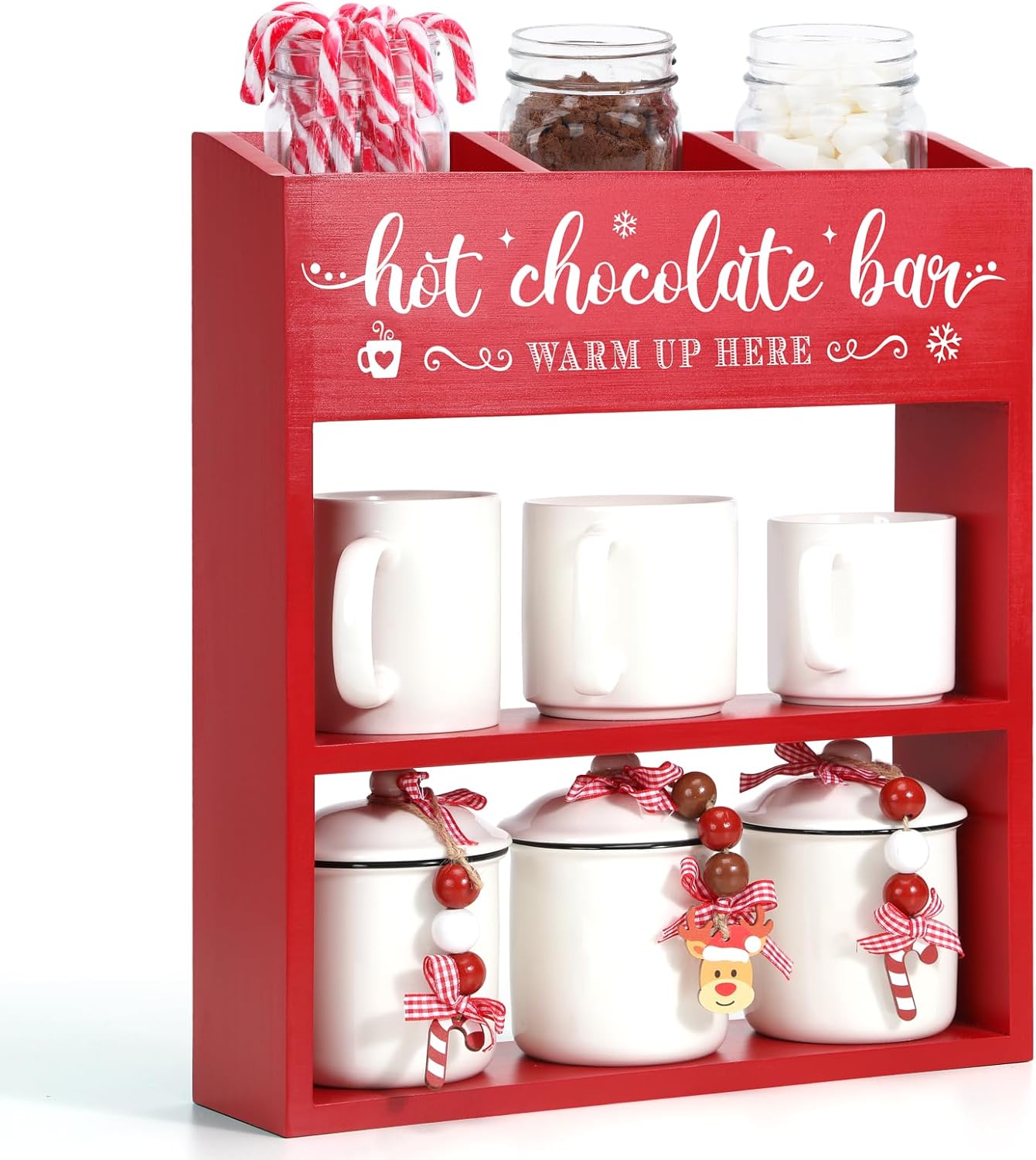 Huray Rayho Wooden Hot Chocolate Bar Organizer Coffee Bar Station Christmas Hot Cocoa Bar Container Storage Box for Mug Coffee Cup Hot Cocoa Supplies Accessory Kitchen Home Decor House Warming Gift