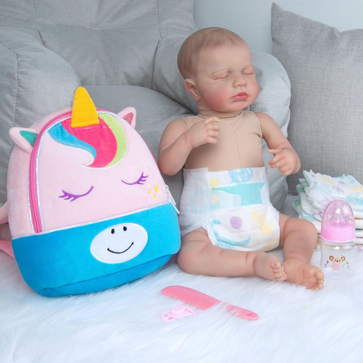 10 Pcs Reborn Baby Doll Diaper Bag Care and Feeding Set for 17-24 inches Reborn Dolls Accessories Newborn Baby Girl with Unicorn Backpack