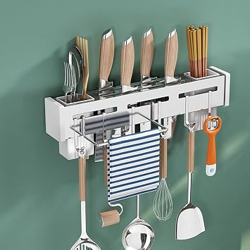 Kitchen Wall Mount Utensil Rack Utensil Wall Organizer for Spoons, Knives, Forks, Chopsticks, Cookware Cutlery Holder Silver