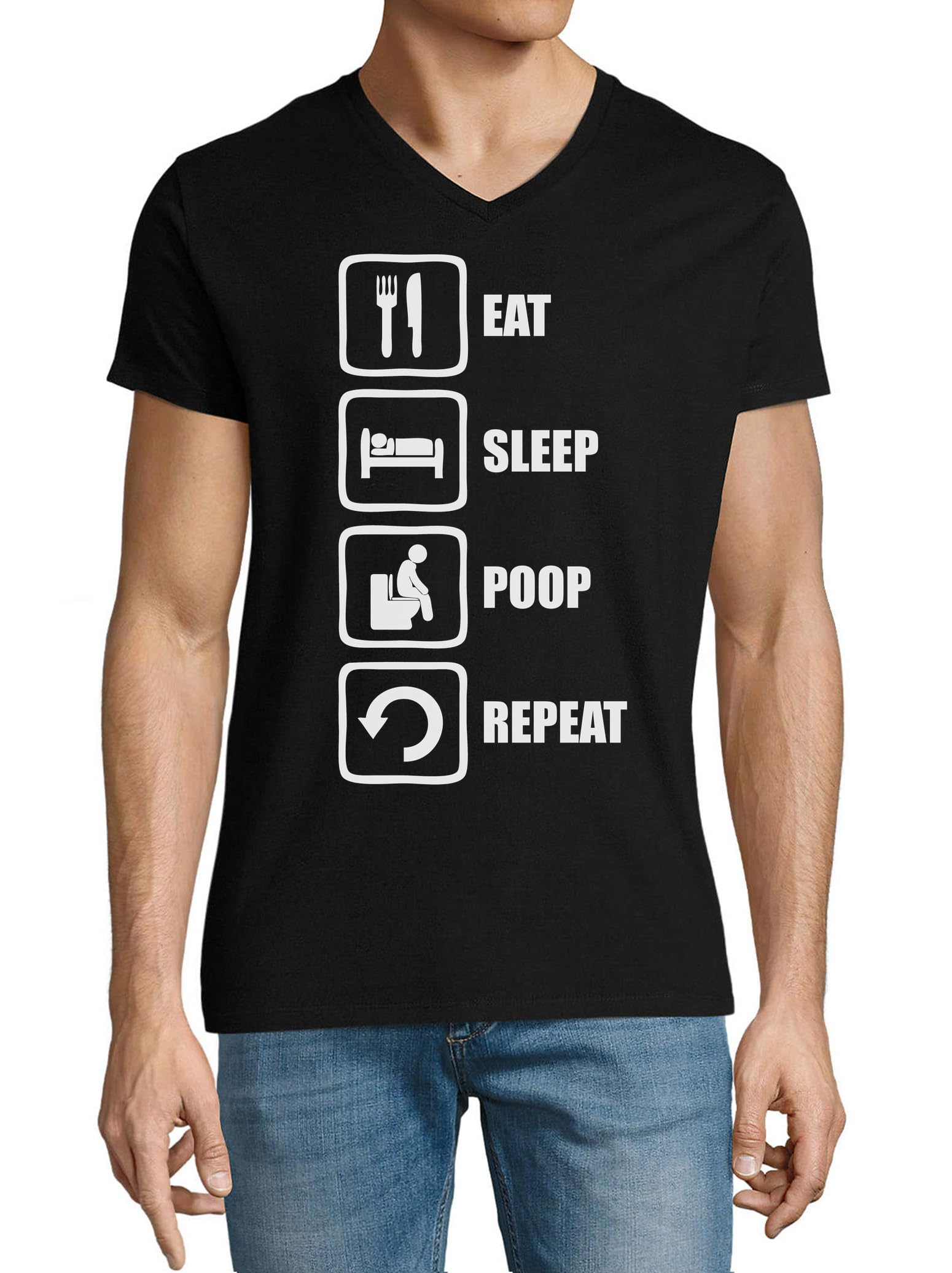 T-shirt col en V Eat Sleep Poop Repeat en coton pour homme - 2