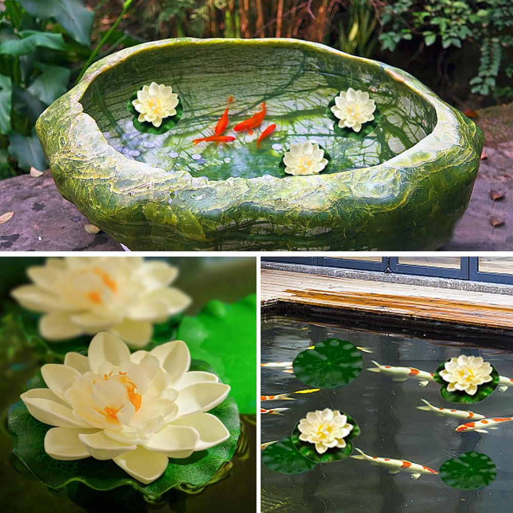 Lot de 7 fleurs de lotus artificielles flottantes pour décoration d'étang, feuillage et fleur en mousse pour étang, terrasse, jardin, piscine, aquarium, 2 styles