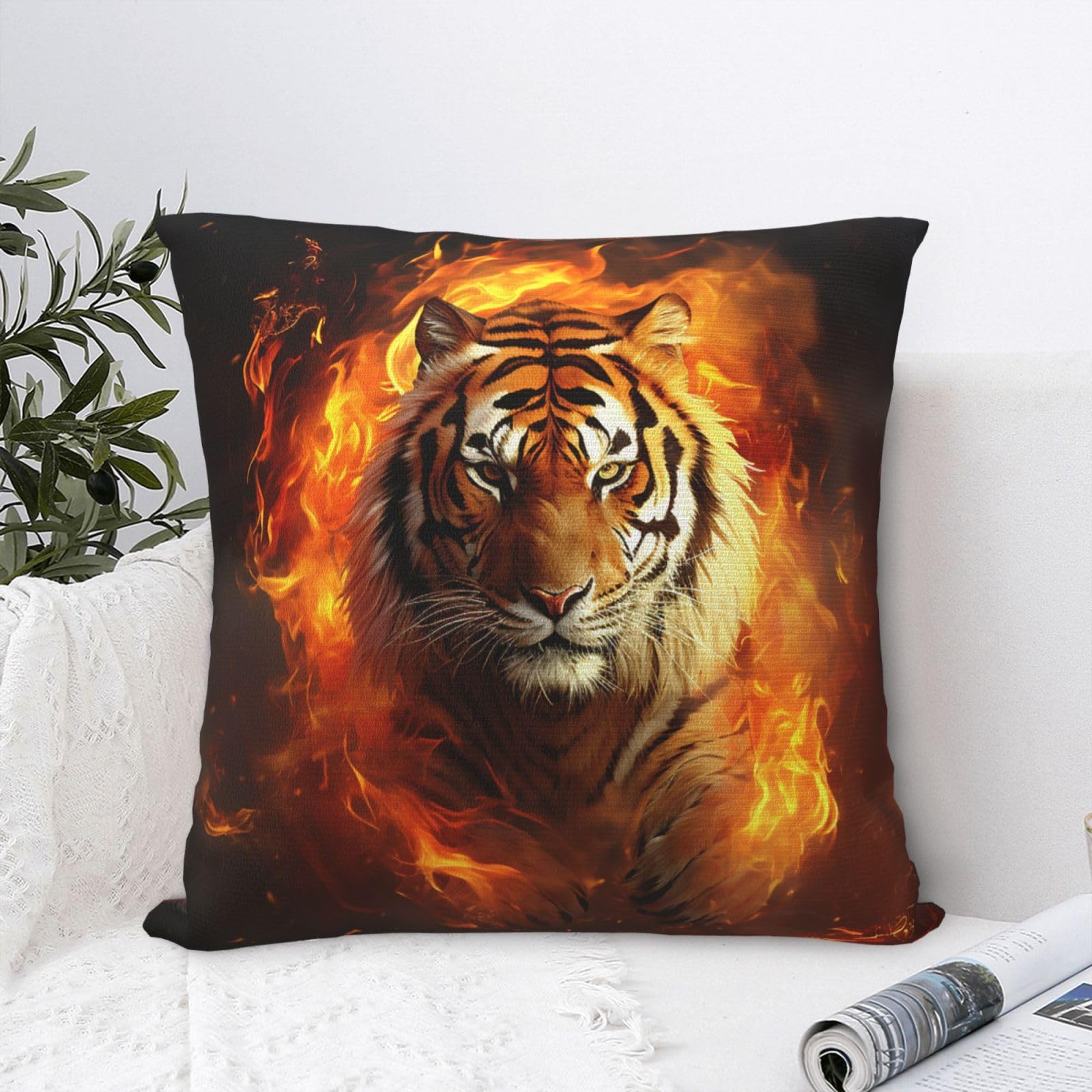 FodPand Luxury Velvet Throw Pillow Covers 18"x18" Super Soft Decorative Pillow Cases - Cool Tiger in Flame Pillowcases Modern Lumbar Cushion Cases for Couch Sofa Bed Pillow Shams