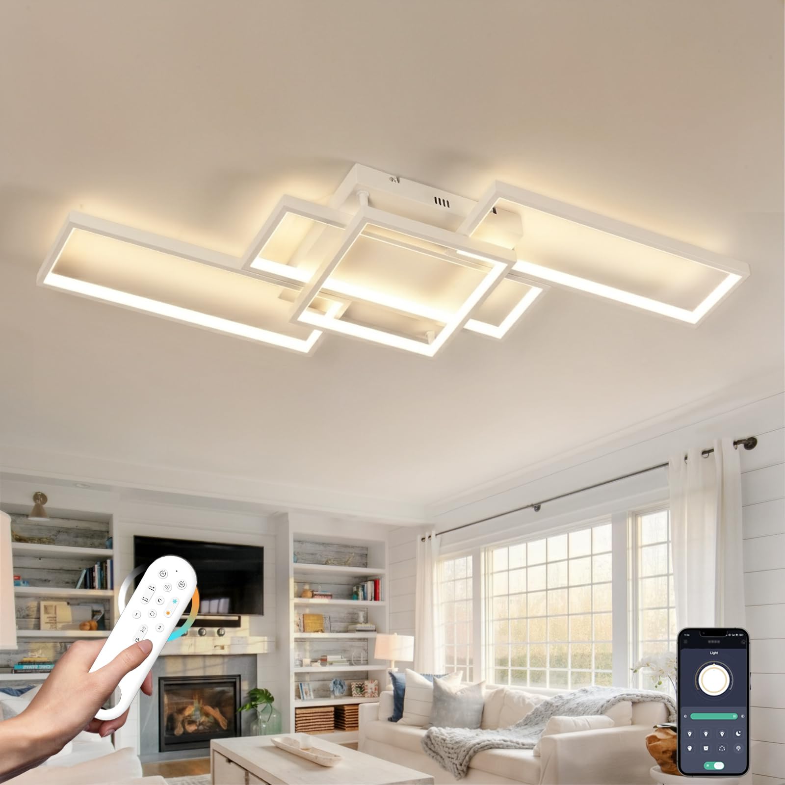 AQLEDY 85cm LED Ceiling Light Dimmable, Modern Rectangular Ceiling Lamp for Living Room Bedroom, APP & Remote Control, Flicker-Free with Memory Function & Control Lock (White)
