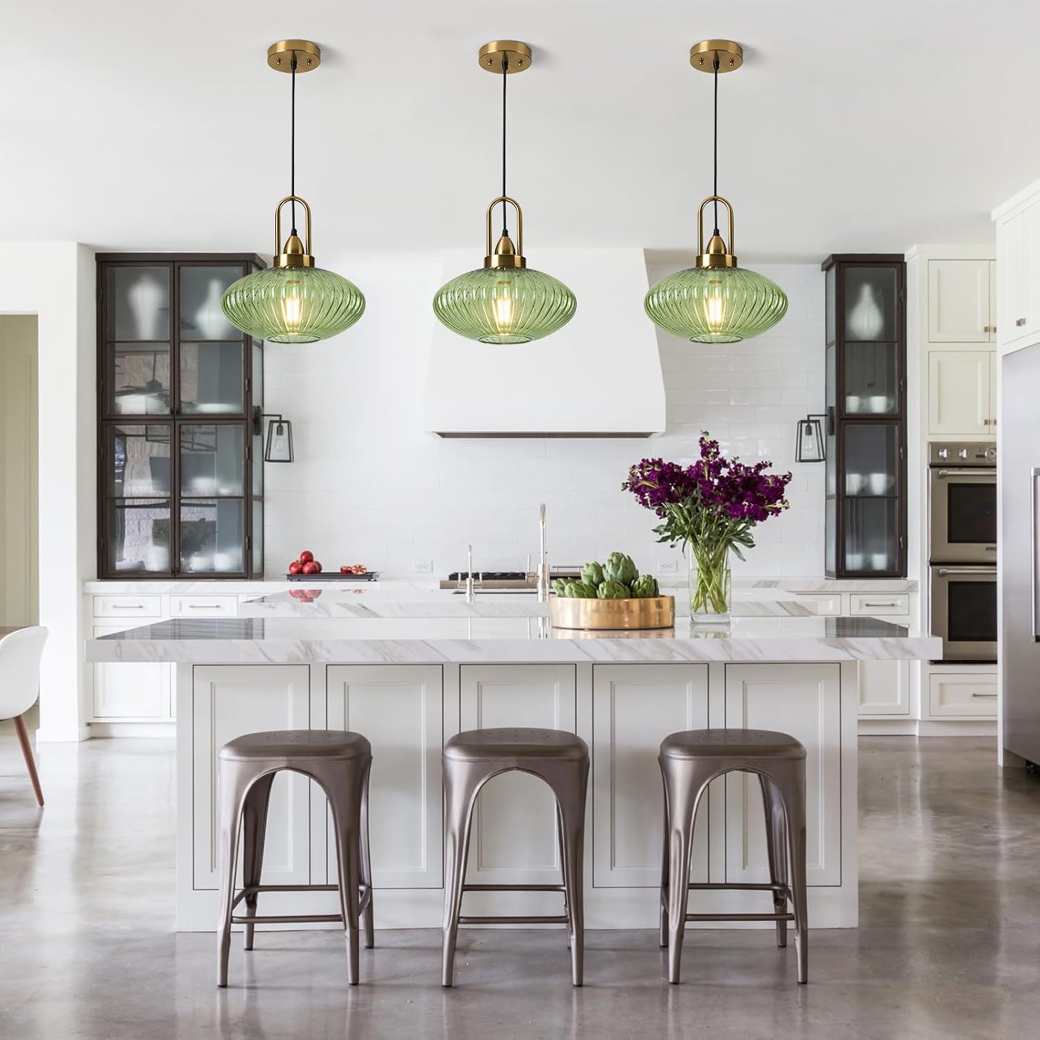12 Inch Green Pendant Lights Vintage Chandelier Pendant Lighting Modern Mid Century Hanging Lights Adjustable Kitchen Island Light for Dining Room Bedroom Hallway