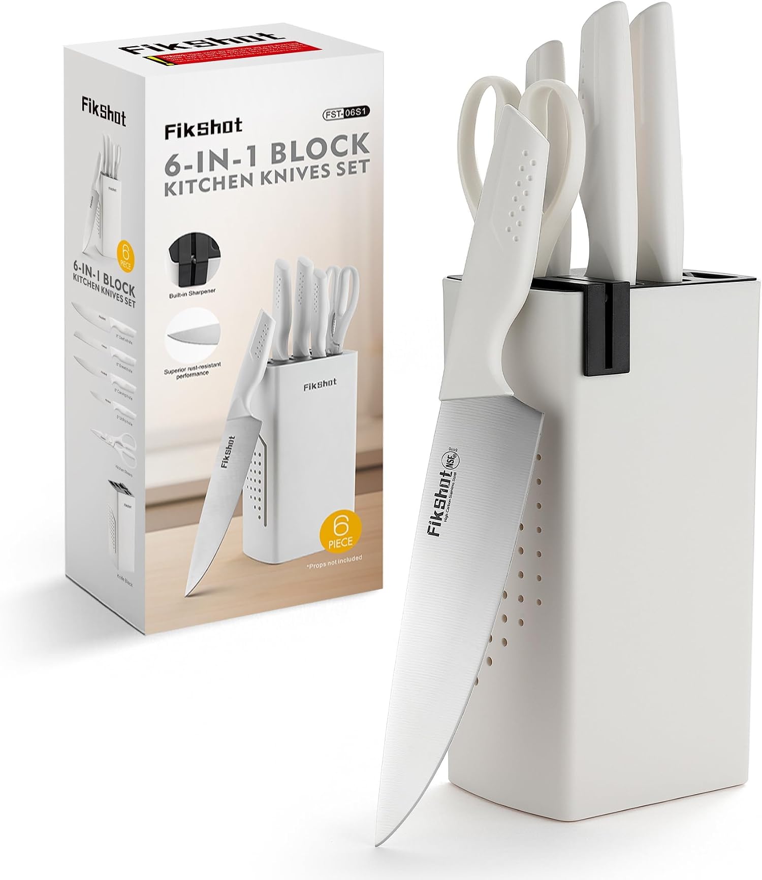 Knife Set, FIKSHOT 6-Piece Kitchen Knife Block Set with & Built-In Sharpener, Dishwasher Safe High Carbon Stainless Steel Blades, Rust-Resistant – Ideal Housewarming Gift