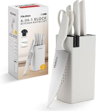 Knife Set, FIKSHOT 6-Piece Kitchen Knife Block Set with & Built-In Sharpener, Dishwasher Safe High Carbon Stainless Steel Blades, Rust-Resistant Ideal Housewarming Gift