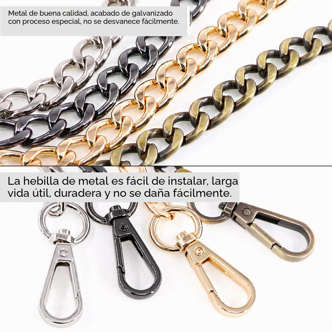 Swpeet Juego de 4 Correas de Cadena Plana de Repuesto de 47 Pulgadas con Hebillas, Bricolaje, Bolsa de Hombro de Metal, Bolsa de Mano, Bolsa de Mano de Repuesto (Oro + Plata + Bronce +
