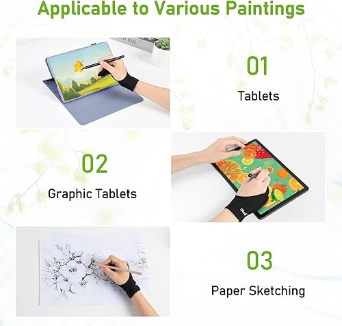 Miniatura 6 de OTraki Paquete de 4 guantes de artista antimanchas con dos dedos para bocetos de papel, monitor de bloc, tableta gráfica, universal para mano