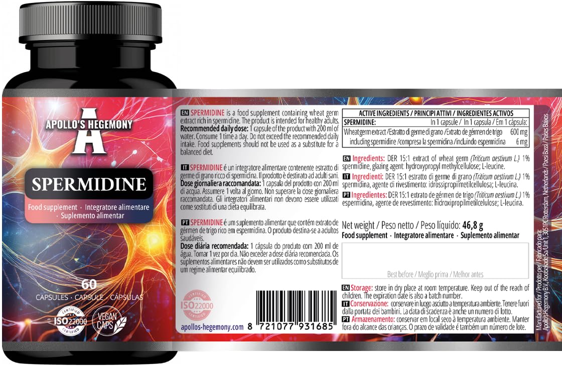 Spermidina 6 mg – 60 cápsulas | Suministro para 60 días – Apoyo a la vitalidad y bienestar diario – APOLLO'S HEGEMONY