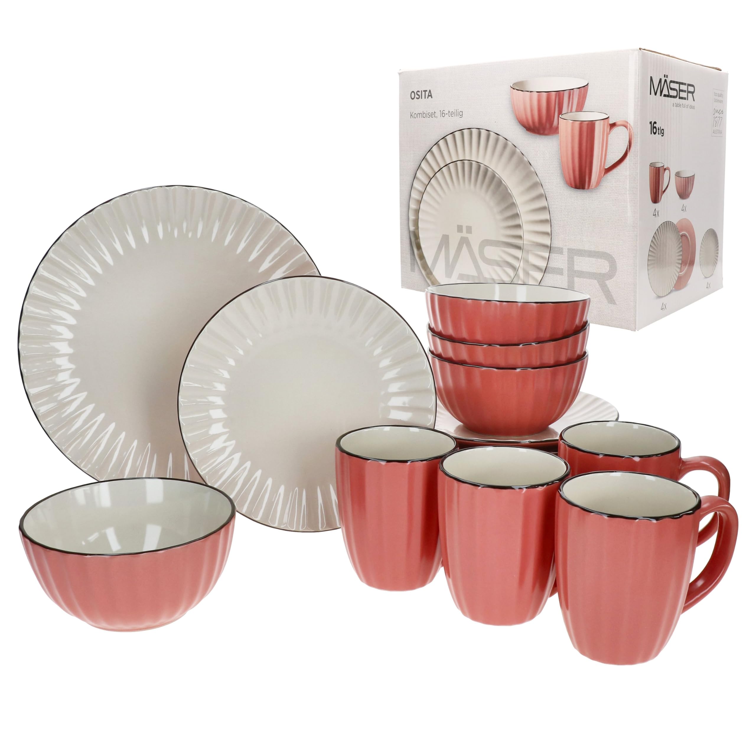MÄSER OSITA Rose 16-częściowy serwis kombi dla 4 osób, różowy i kremowy zestaw naczyń z kamionki, po 4 kubki do kawy 300 ml, miski 450 ml, talerze do ciasta i talerze obiadowe, z reliefem