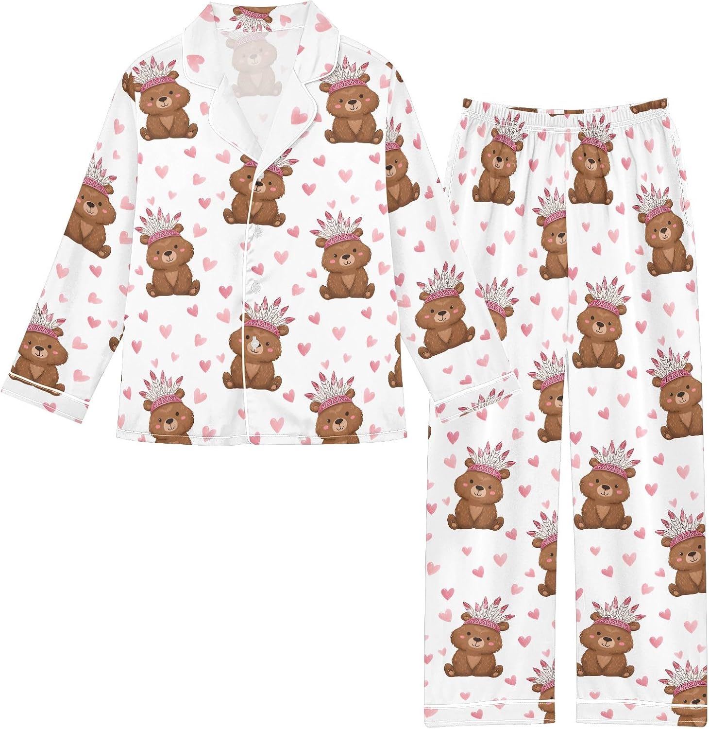 Kids Casual Satin Wear Set Bear Feather Heart Pattern Unisex Relaxed Fit Clothing