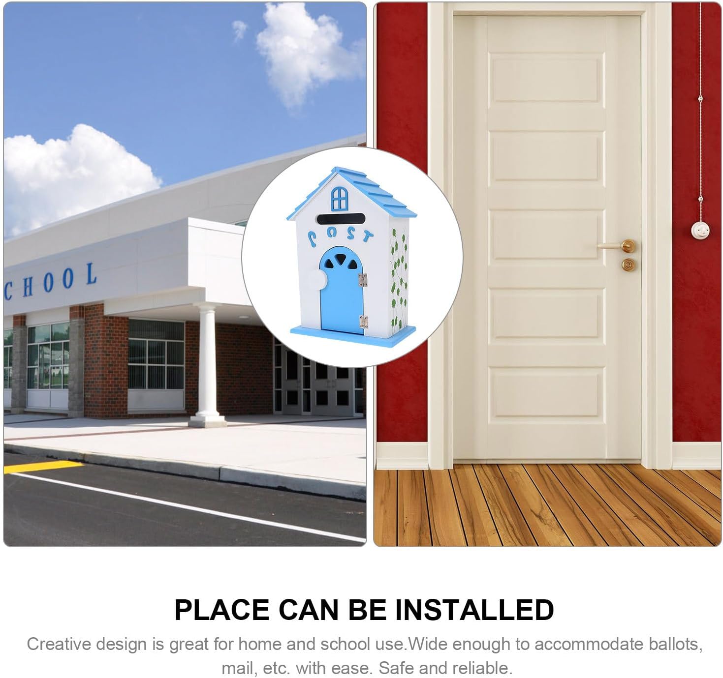 TEHAUX Wood Wall Mount Mailbox with Lockable Suggestion Slot, Decorative Blue Painted Wooden Post Box for Home, School, and Office Complaint Storage