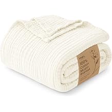 Love's cabin 100% Cotton Muslin Blanket Queen Size for Bed, Ivory 