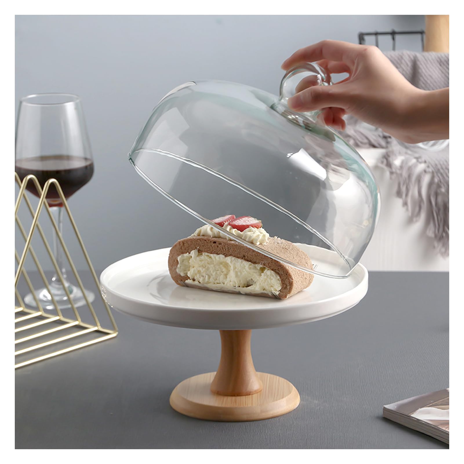 Dxcaicc Pie de Pastel 12 Pulgadas, Placa de Pastel con Tapa Soporte de Madera para Pastel con Pantalla de cúpula Soporte de Postre para Fiesta, Boda, cumpleaños, Baby Shower,A,10 Inch