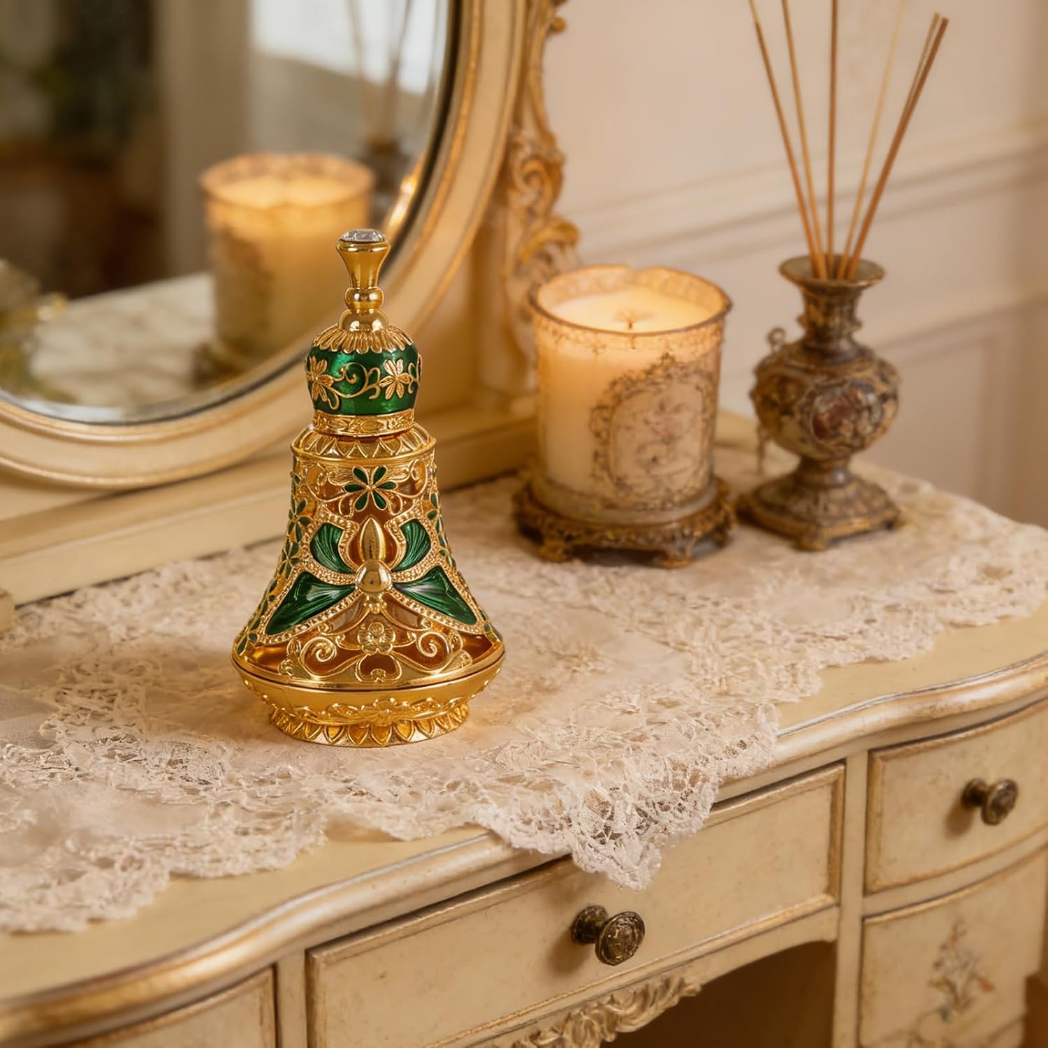 Exquisite Middle Eastern Themed Portable Perfumes Container with Gold Accents for Storing Fragrances and Oils Scent Travel Bottle