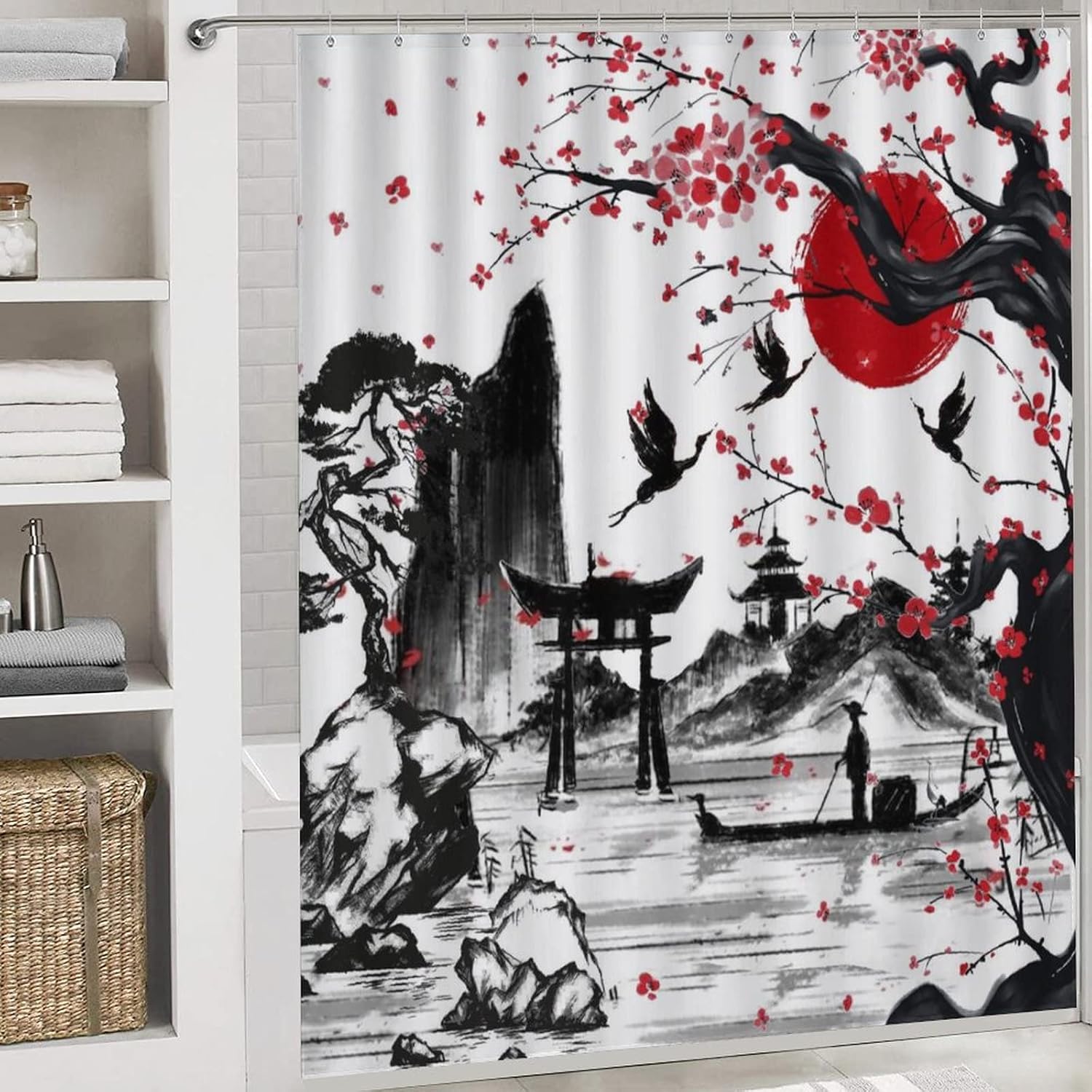 Vintage Japanese Style Shower Curtain Sets with Rugs 4 Piece Accessories Bathroom Curtains Shower Set Include Shower Curtain Non-Slip Rug Toilet Lid Cover Bath Mat One Size