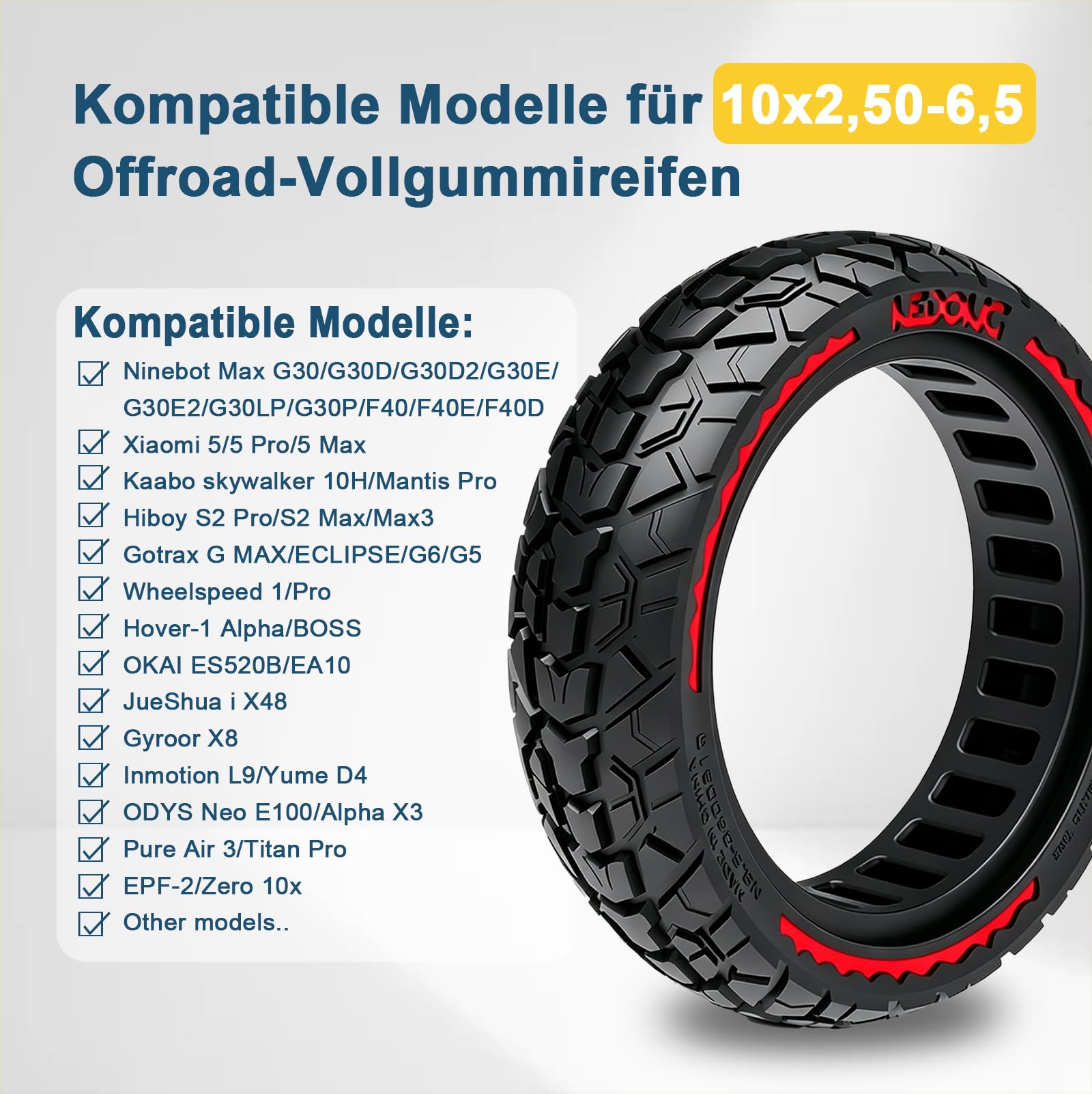 Pneu solide 60/70-6,5 10 x 2,50 en caoutchouc pour scooter Ninebot Max G30/G30 D2/F2 Pro D/Xiaomi 5/5 Pro/5 Max E Scooter 10" Anti-crevaison Antidérapant Résistant à l'usure (rouge)
