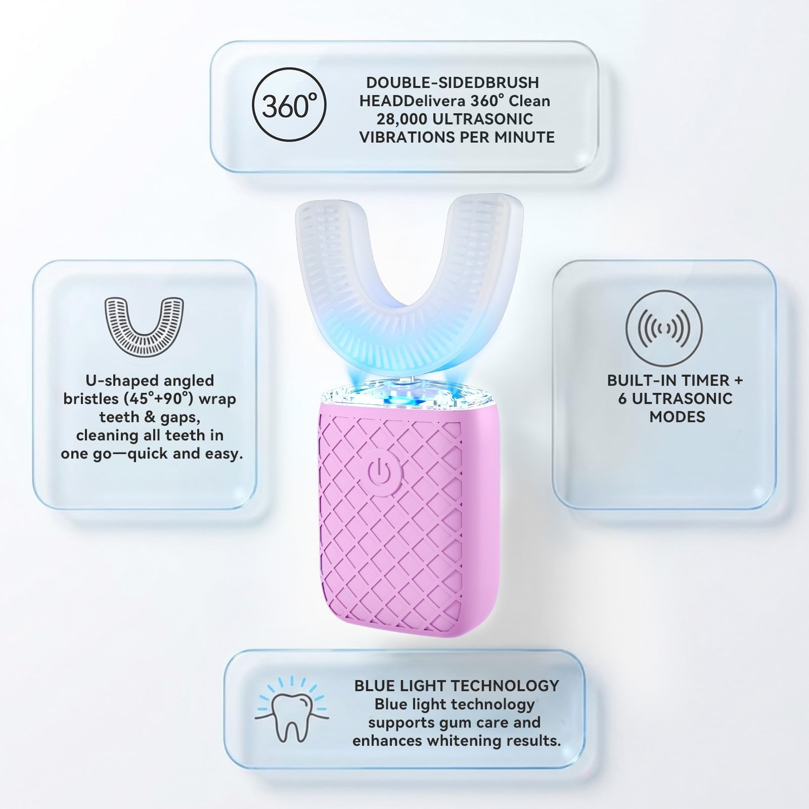Cepillo de dientes eléctrico en forma de U para adultos, Sonic Automatic, blanqueamiento de manchas de 360°, IPX7 impermeable recargable, 3 en forma de U + 2 cabezales rectos + taza de