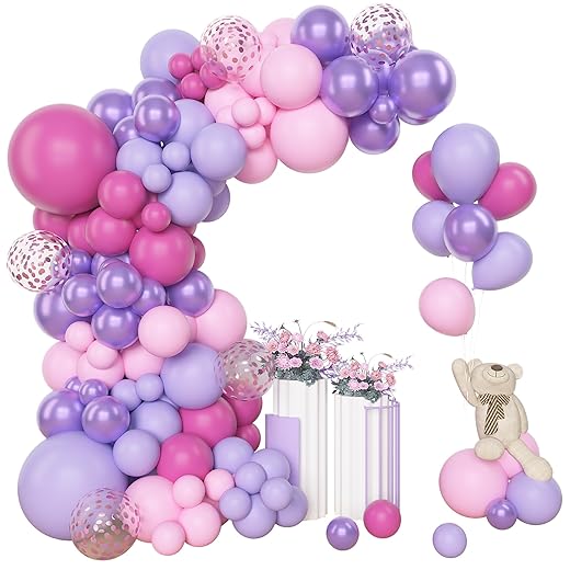 Amandir 180Pcs Pink and Purple Balloon Garland Arch Kit Butterfly Baby Shower Decorations for Girl, Lavender Purple Dusty Pink Star Foil Balloon for Women Birthday Bridal Shower Wedding Party Supplies