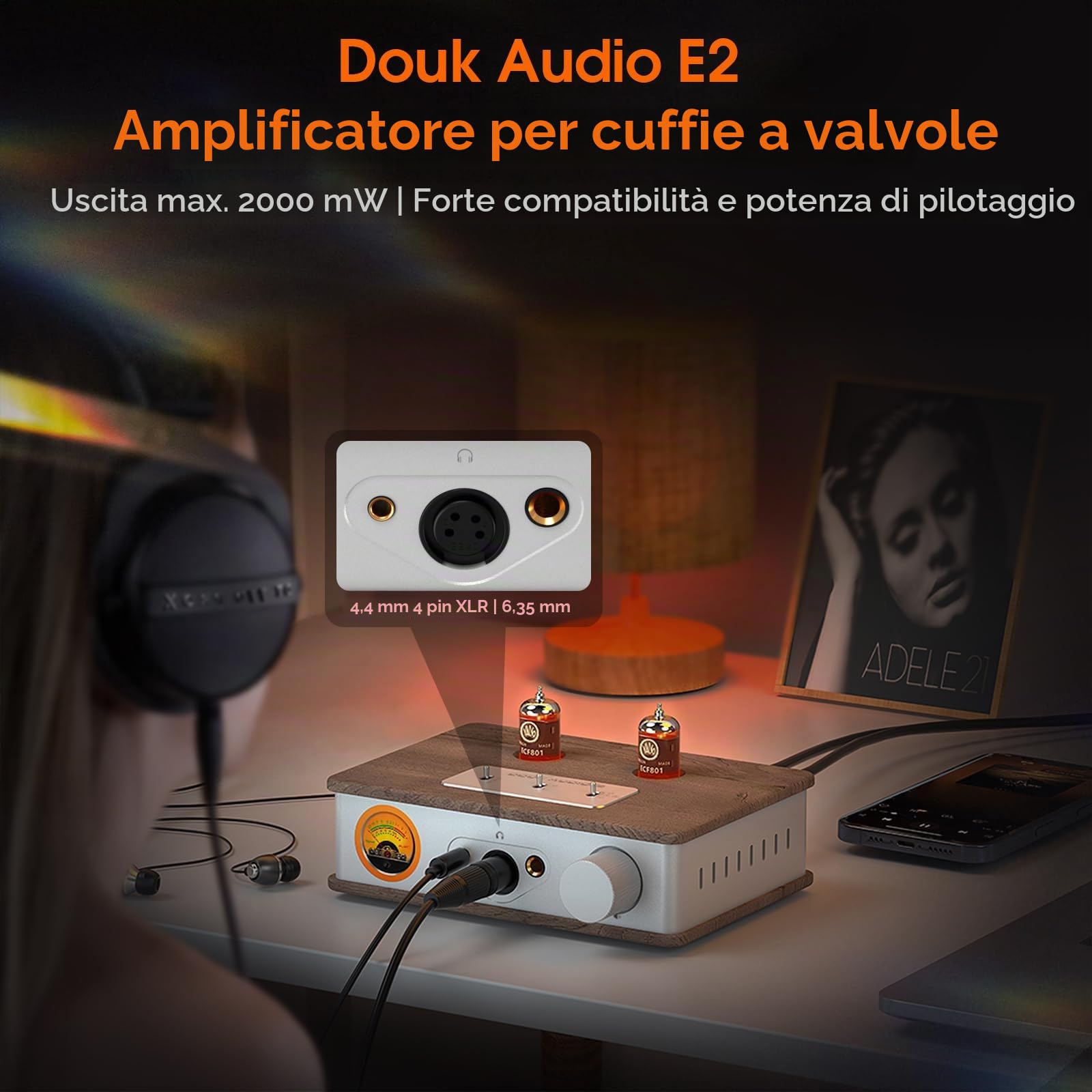 Douk E2 - Amplificatore per cuffie con XLR/4,4 mm/6,35 mm/RCA uscite, preamplificatore stereo HiFi con misuratore VU per cuffie, amplificatore domestico, altoparlante attivo