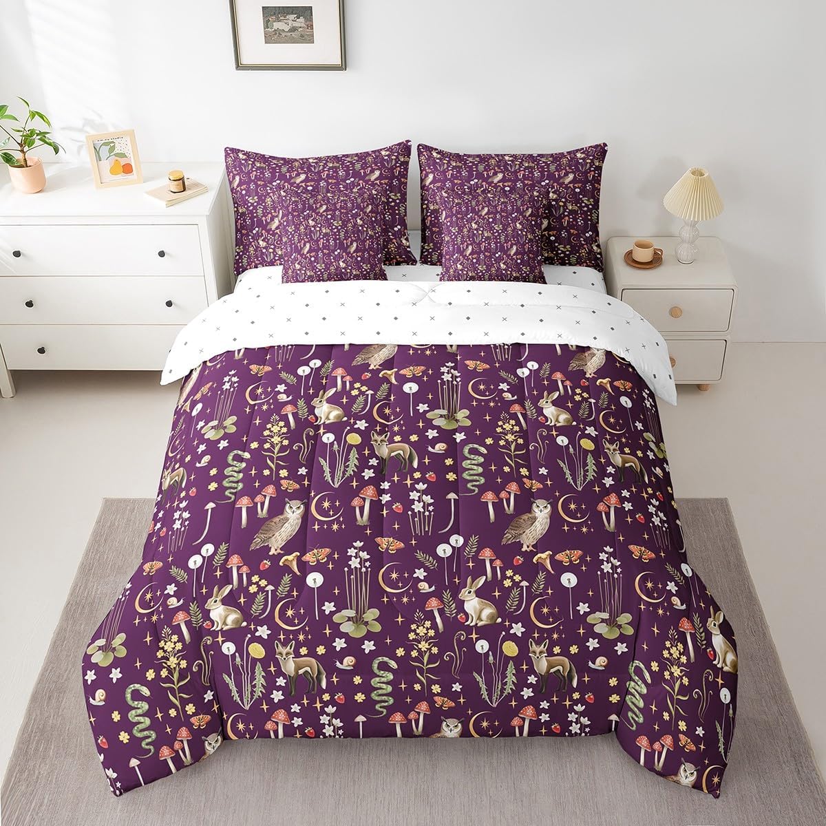 Erosebridal Purple King Bedding Set, Vintage Rustic Floral Bed in A Bag,Cute Woodland Animals Comforter Sets with Sheets, Botanical Wild Flowers 7 Pieces Bed Set Bedroom Decor