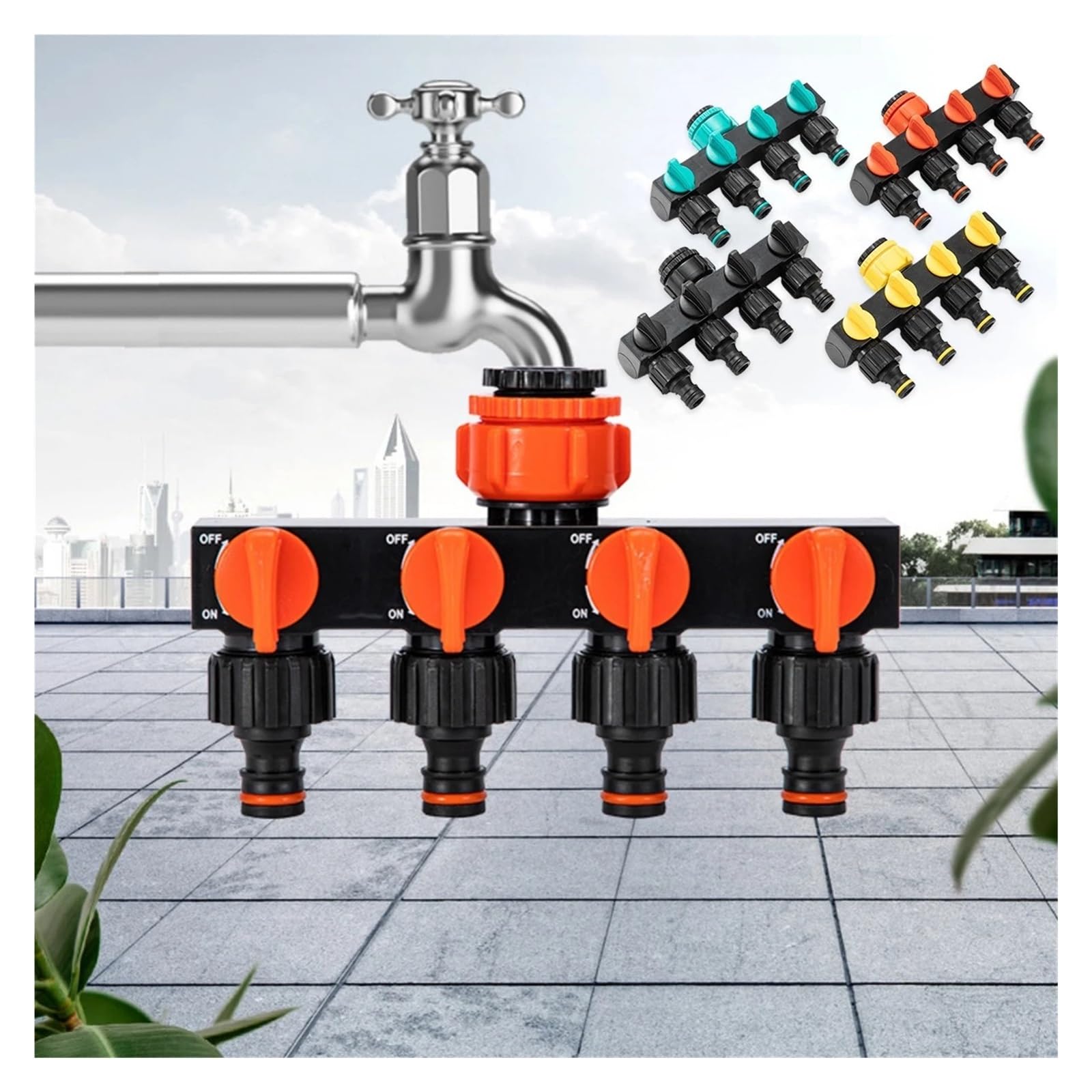 Conector de grifo de 4 vías, accesorios de jardín, distribuidor de agua, suministros de riego, herramienta de accesorios, divisor de manguera for el hogar(naranja)