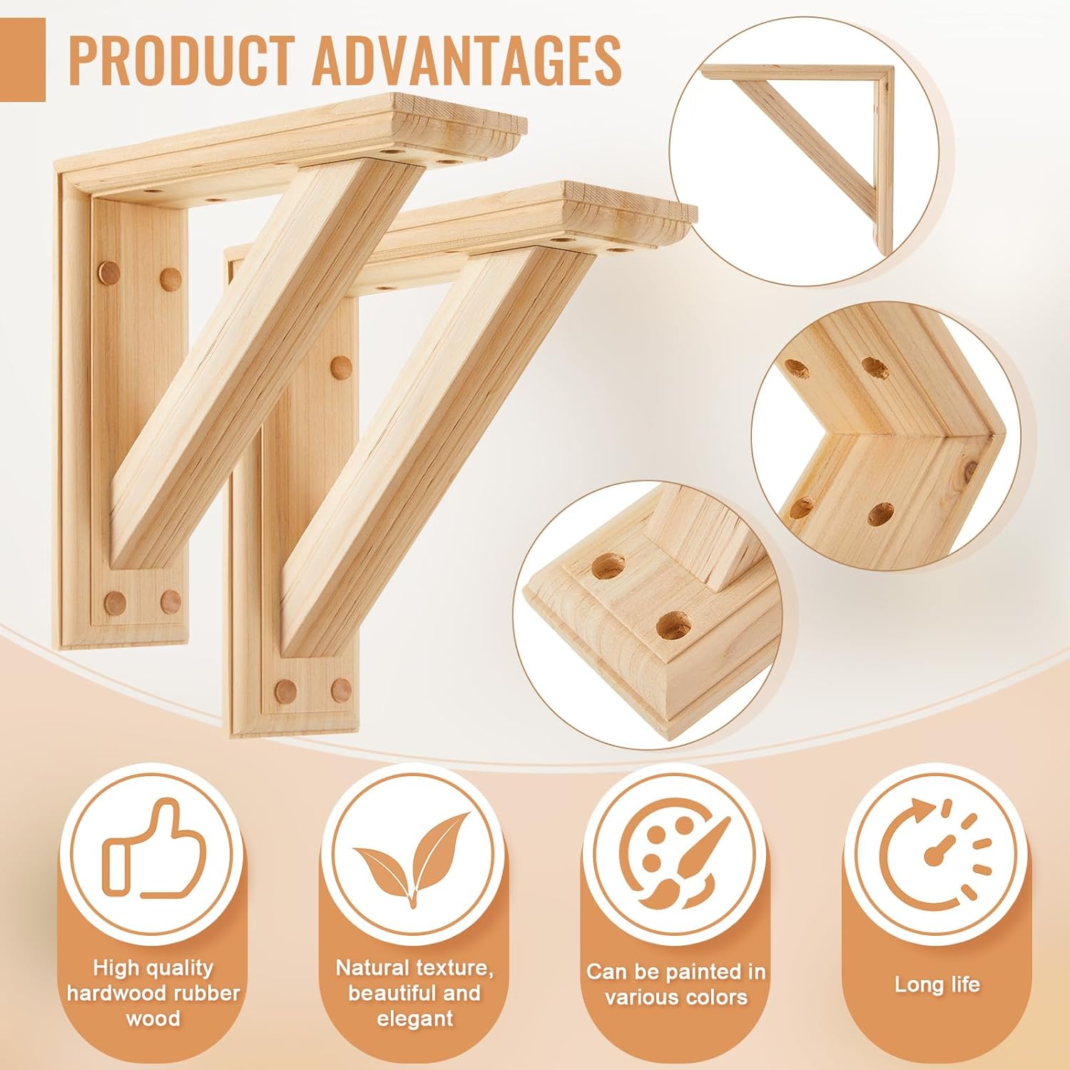 Vercraft 2 Pcs Rubber Wood Corbels Shelf Brackets 9" x 9" x 3" Unfinished Triangular Support with 16 Pcs Wooden Plugs for Doorway Countertop Kitchen Cabinet Book Shelves