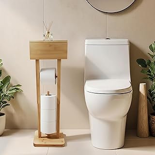 Bamboo Toilet Paper Holder Stand with Storage Shelf Box, Freestanding Ba...
