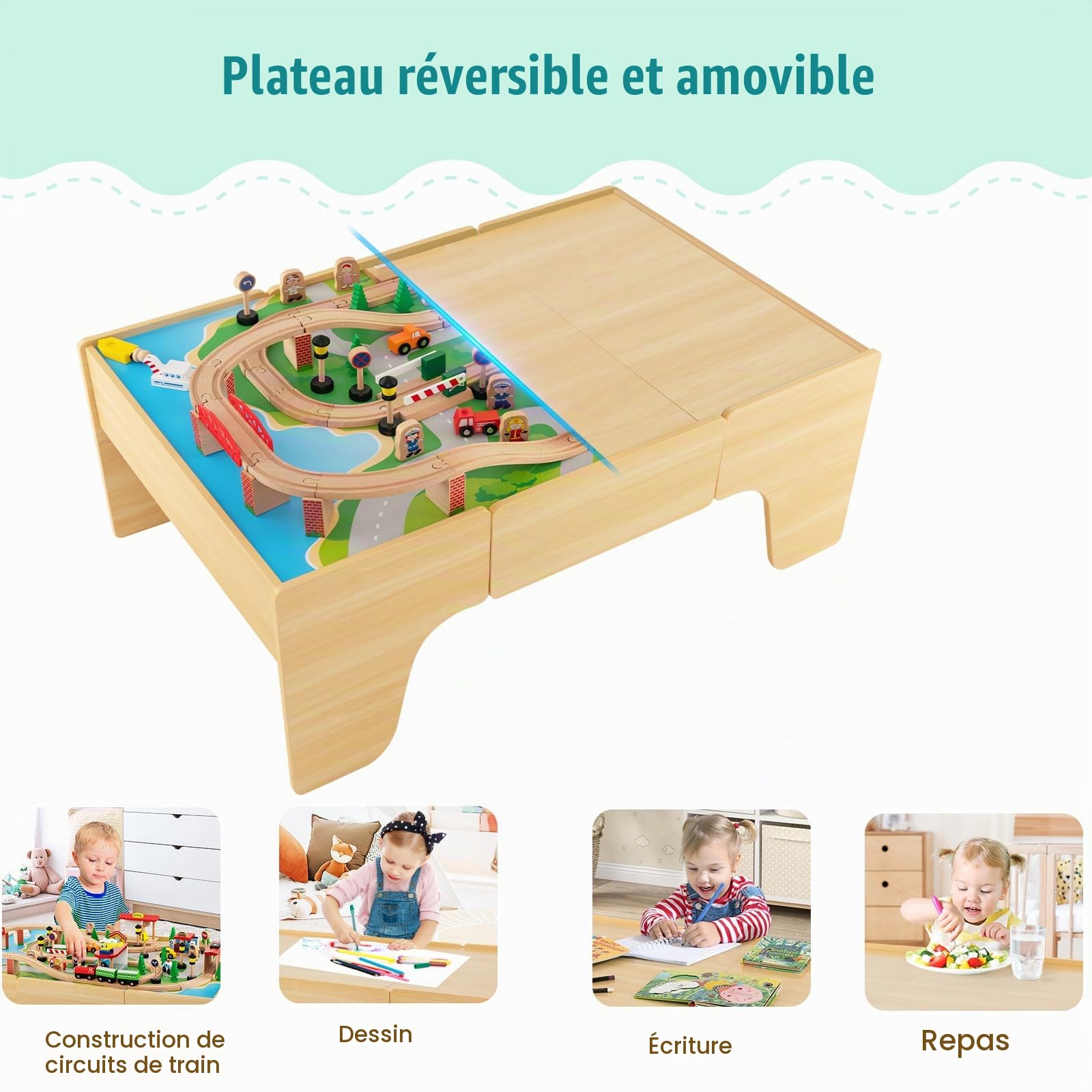 LIFEZEAL Train Circuit, Table de Jeu avec Chemin de Fer en Bois, Ensemble de 84 Jouets avec Tiroir de Rangement Mobile, Table d’Activité Multifonctionnelle pour Enfants 3+ Ans
