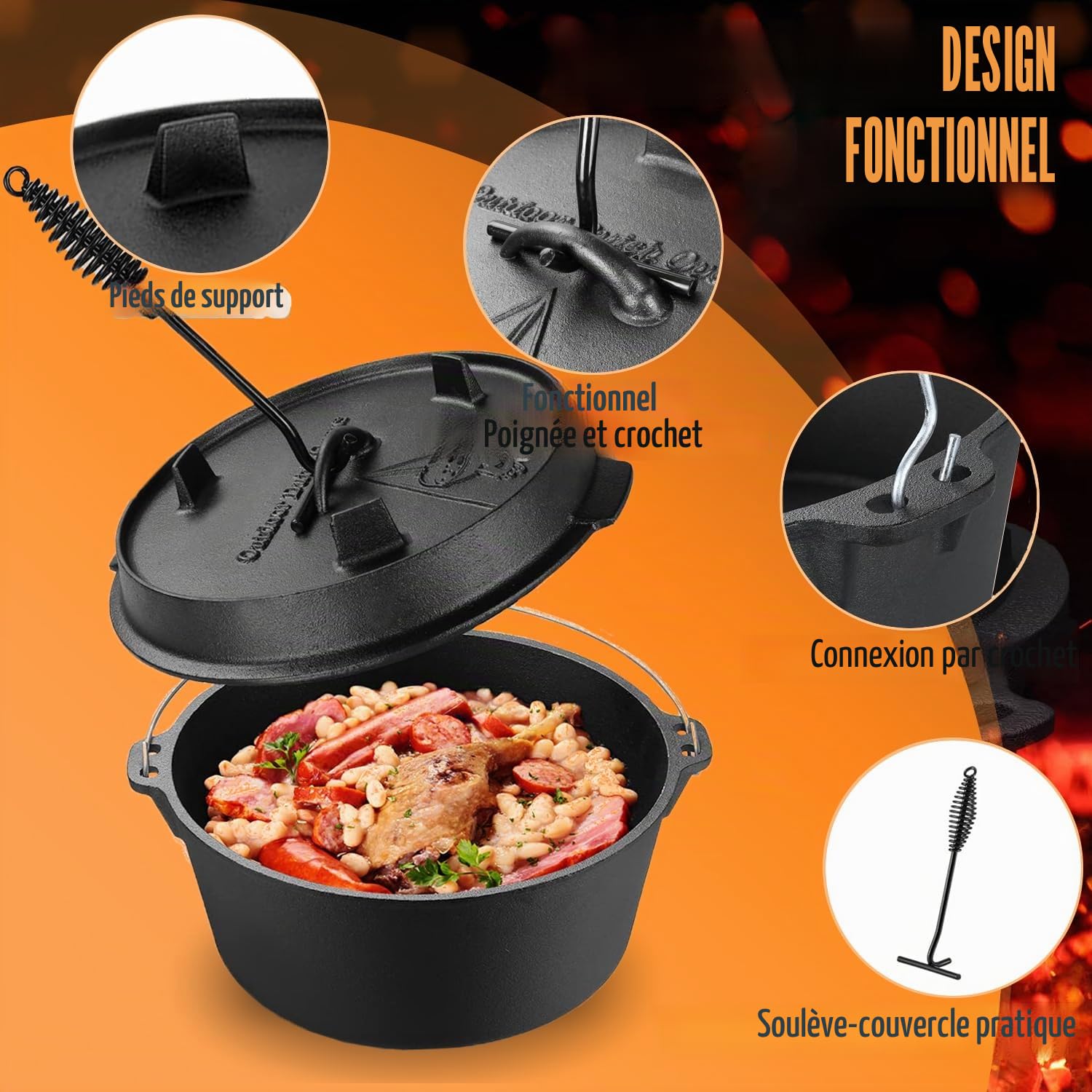 Faitout hollandais 9 litres, double fonction, fonte, pré-assaisonné, avec lifter, noir