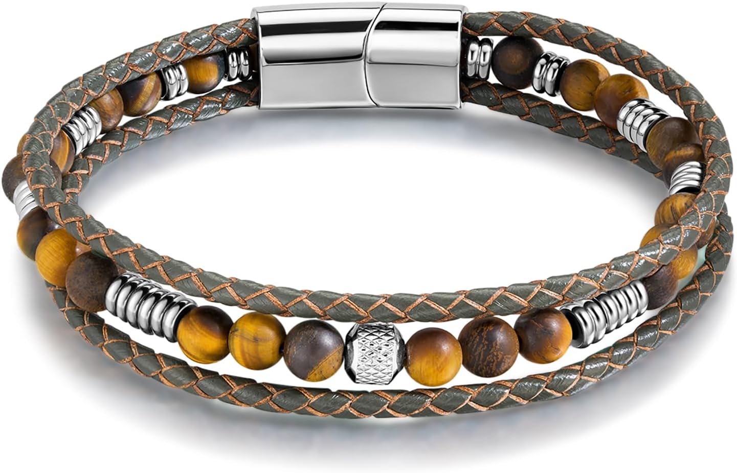 TRUMIUM Beaded Leather Bracelet for Men Women Braided Natural Tiger Eyes Men's Bracelets Brown Multi-Layer Jewelry for Him 7.5/8.3/9 Inch Length