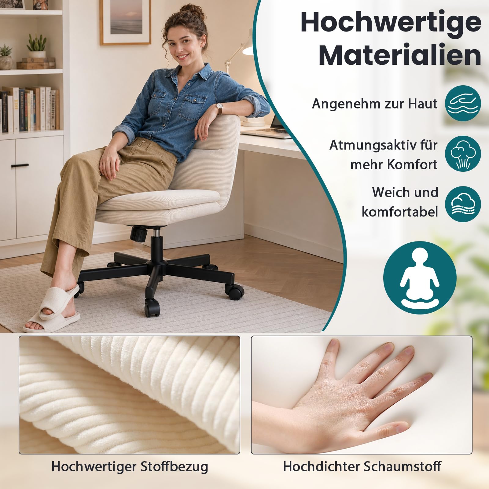 Bürostuhl ohne Armlehnen, Schneidersitz-Stuhl mit breiter Sitzfläche, Schreibtischstuhl mit Cordbezug, höhenverstellbarer Drehstuhl mit Wippfunktion, für Homeoffice, bis 136 kg, Creme