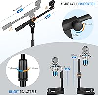Vista 6 de CAHAYA Mic Stand Desk Adjustable - Boom Arm Desktop Microphone Stand Metal Weighted Base A-frame Table Mic Mount with 2 Mic Clips 3/8" to 5/8" Screw