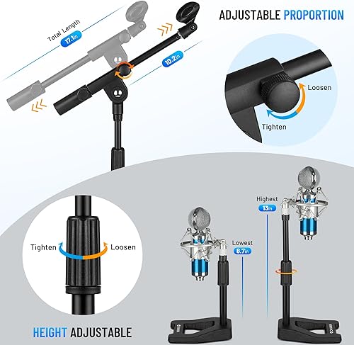 Miniatura 6 de CAHAYA Soporte de micrófono ajustable  Soporte de micrófono de escritorio con brazo de brazo de metal, base ponderada de metal, soporte de micrófono