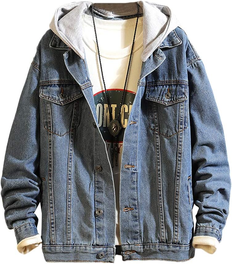 Men's Denim Hoodie Jacket Casual Slim Fit Button Down Jeans Coat