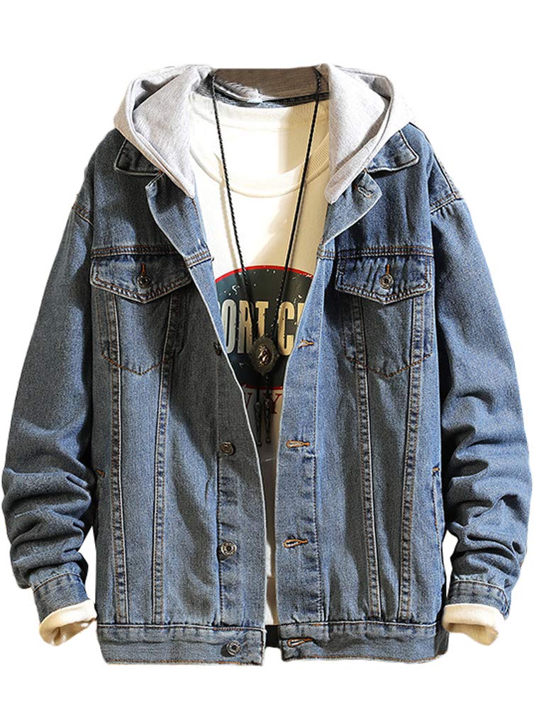 LavnisMen's Denim Hoodie Jacket Casual Slim Fit Button Down Jeans Coat