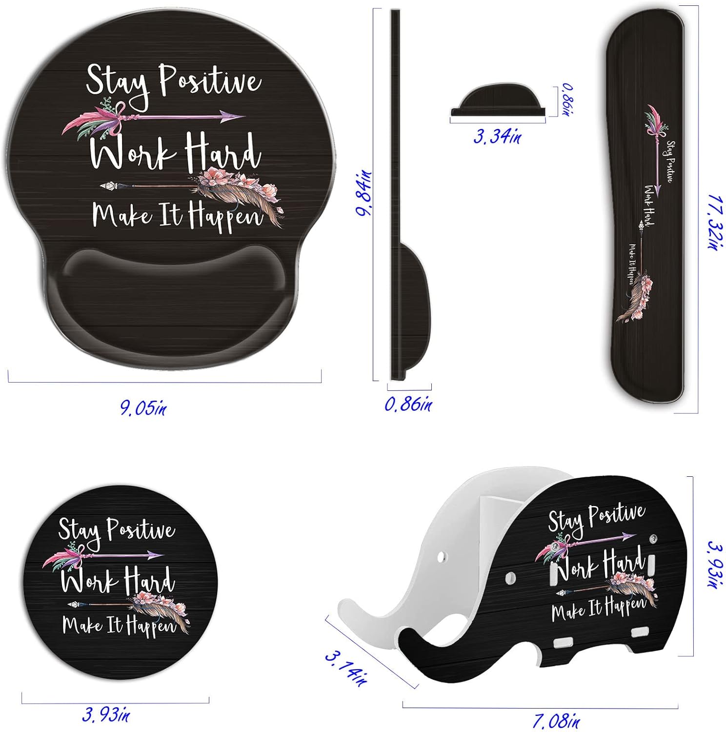 Keyboard Wrist Rest and Ergonomic Mouse Pad with Wrist Support Set,Non-Slip PU Base,Matching Cute Coaster and Multifunction Removable Elephant Pen Holder,Stay Positive Work Hard and Make It Happen