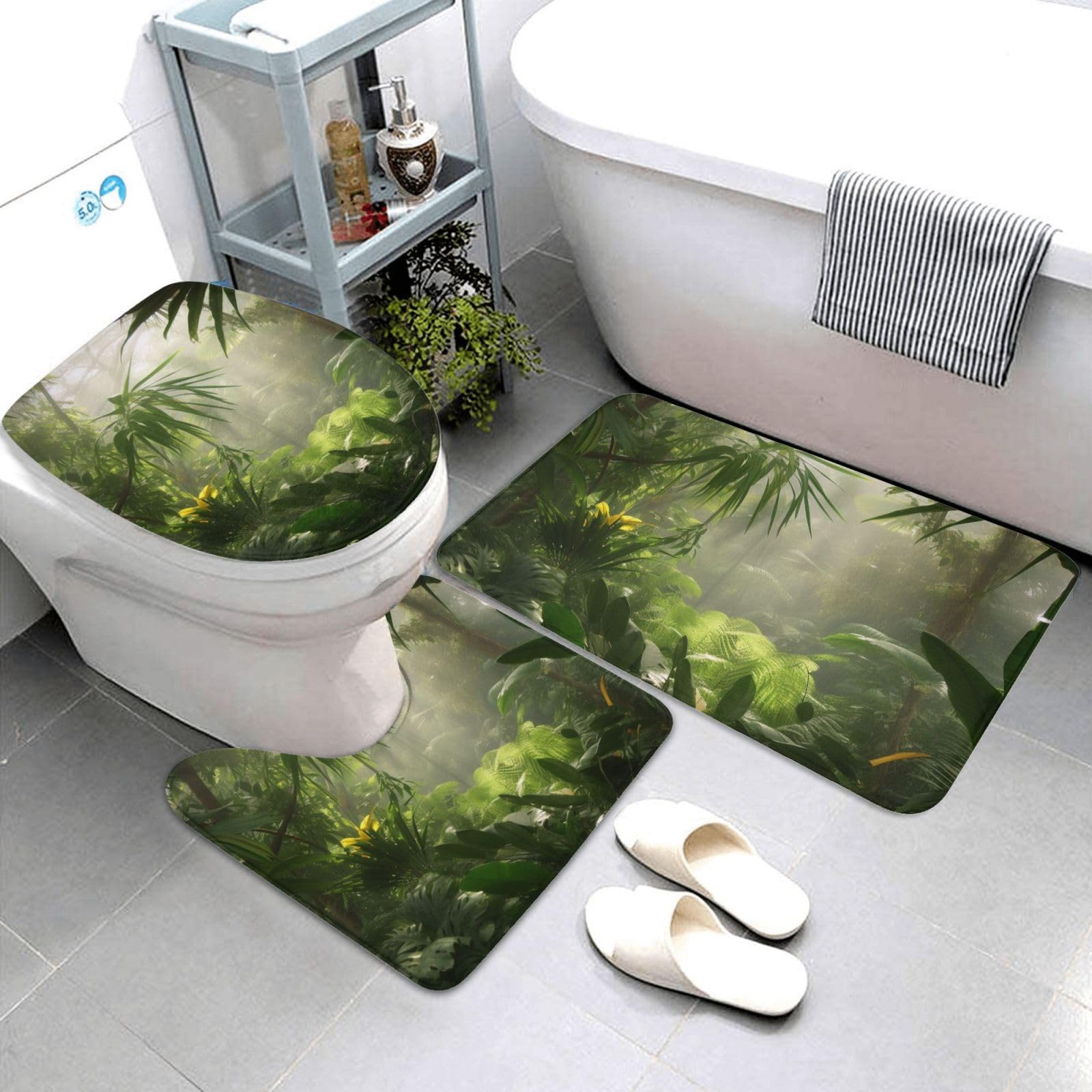 Lot de 3 tapis de bain antidérapants et absorbants en flanelle avec motif forêt tropicale et jungle