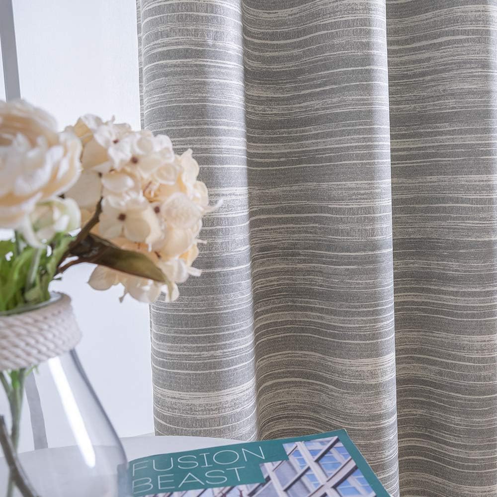 Vangao Grey Blackout Curtains 84 Inches Length 2 Panels for Bedroom Living Room Thermal Insulated Grommet Top Stripe Printed on Beige Window Drapes